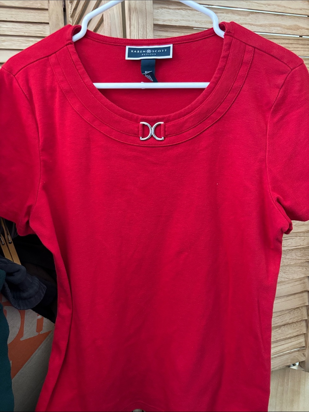 Karen Scott Bright Red Short Sleeve Top with Silver Ring Accent Petite XL